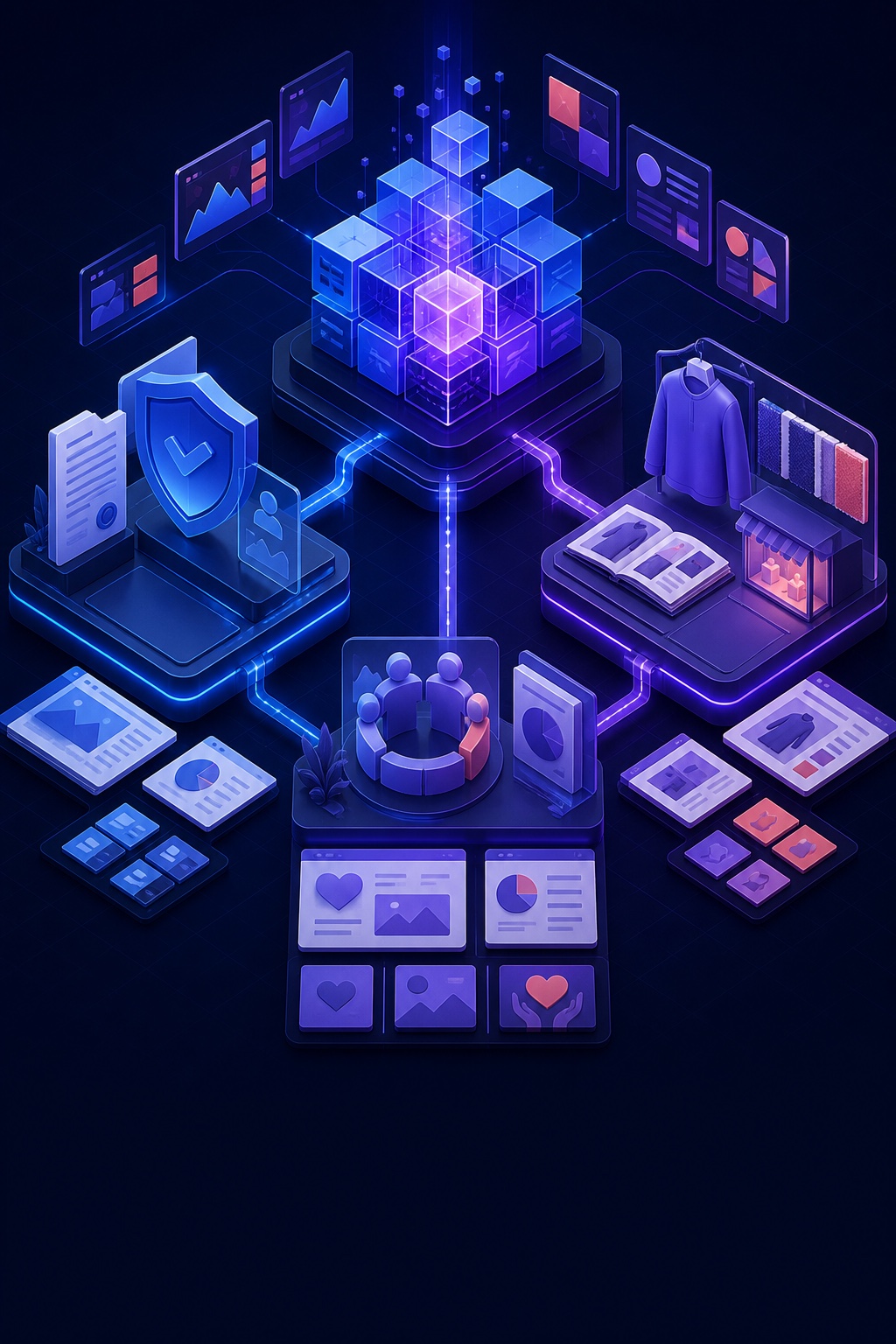 Isometric illustration of an AI enabled creative production system