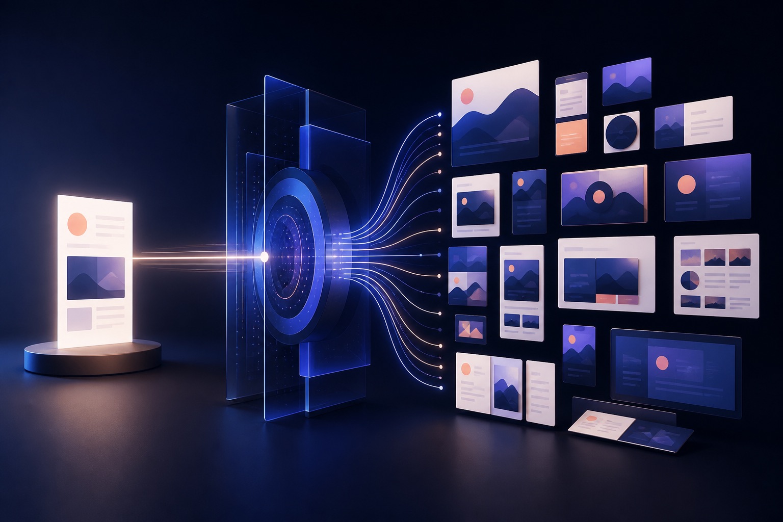 One marketing brief moving through an AI enabled workflow into coordinated campaign assets